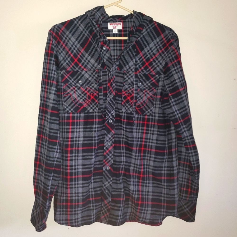 True Religion Plaid Utility Hoodie Black Red Flannel Hooded Embroidered Small